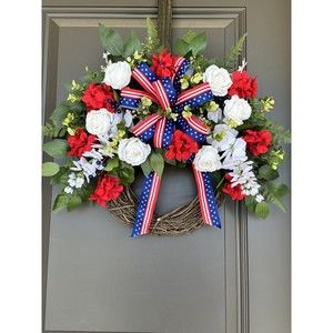 Handmade Summer Floral Red, White & Blue Grapevine Wreath, White Rose, Wisteria